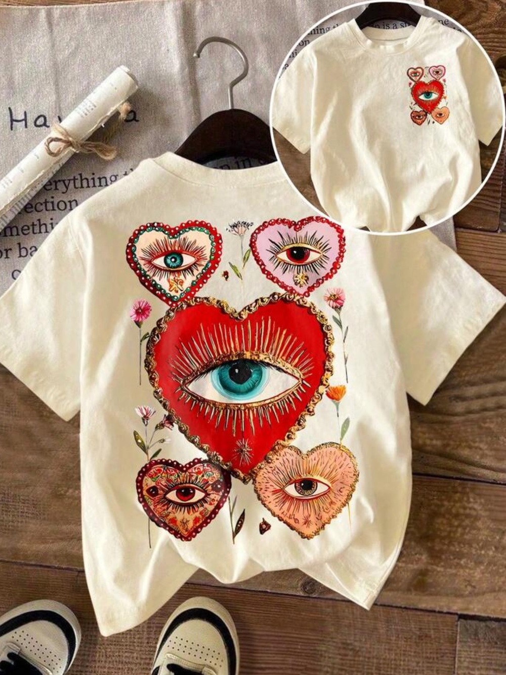 SHEIN Cream Tee with Red Heart Eye Graphic (8/10) L